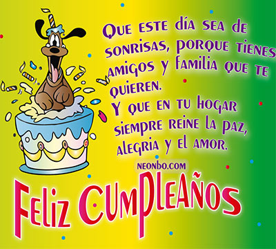 Perrito saliendo de un pastel y frase: Que este dia sea de sonrisas porque tiene amigos y familia que te quieren.