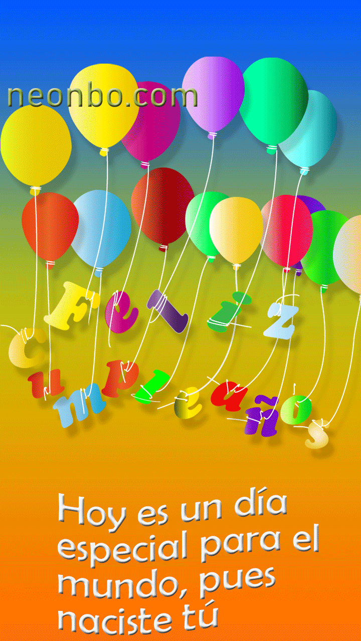 Gif de globos y confeti flotando con nubes y letras de feliz cumpleaños