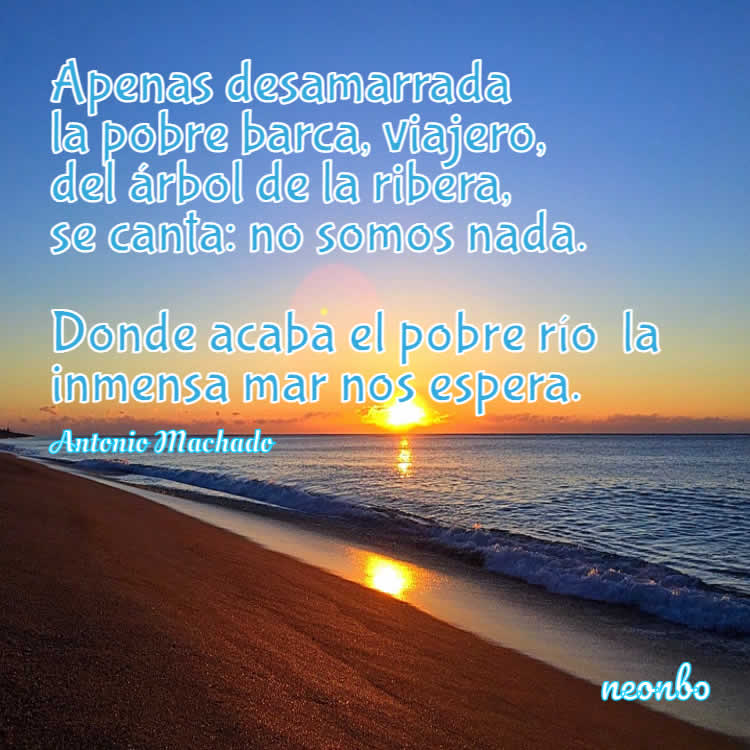 Poema de Antonio Machado con fondo de mar y sol de puesta